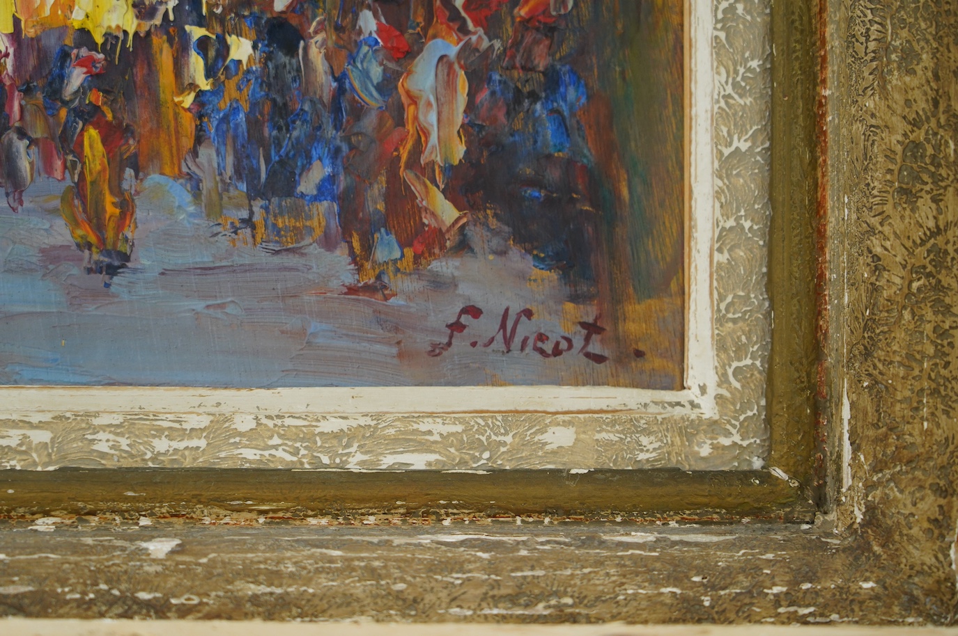 Francois Nicot (1873-1945), Impressionist oil on board, 'Street scene, Rue et Mosquec au Caire', signed, 34 x 29cm. Condition - good